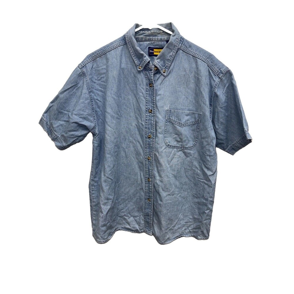 Blue Generation Denim Button Down Shirt Women L Short Sleeve Classic Pocket Blue